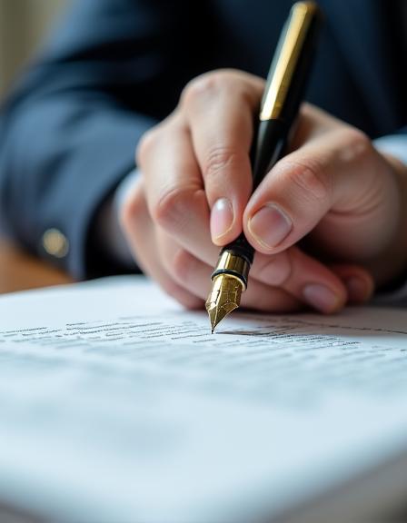 Close up of a legal professional hand signing documents with a gold pen